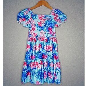 Tommy Bahama Girls Tropical Floral Print Tiered Dress Blue Pink Size 6
